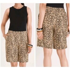Chico's Womens Leopard Print Linen Bermuda Shorts Sz 2.5 US 14 Brown Drawstring